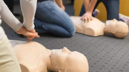 First aid CPR dummy on ground with people performing CPR on them in a class setting.
