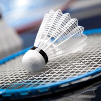 A badminton birdie rests on a badminton racquet