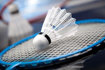 A badminton birdie rests on a badminton racquet